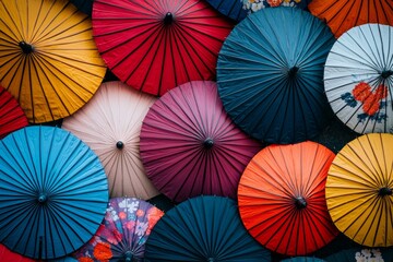 Wall Mural - Top down view of colorful bright japanese umbrellas 