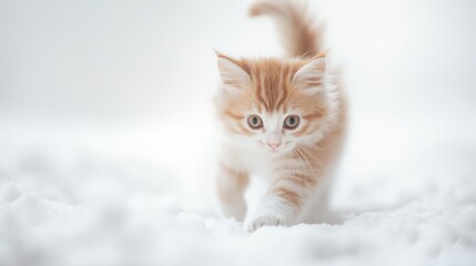 Wall Mural - A ginger kitten with white paws walks on a snow-covered ground.