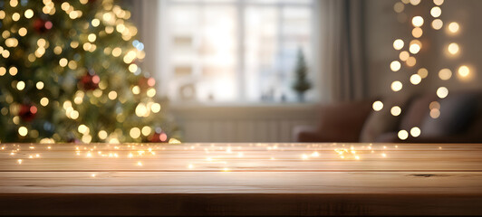 A wood table, tabletop product display with a festive living room Christmas background of Christmas tree and fairy lights.