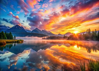 Wall Mural - A serene lake at sunrise mirrors misty mountains, creating a tranquil scene of calm waters beneath a bright, expansive sky filled with gentle hues.