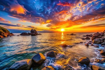 Wall Mural - A serene coastal sunset casts warm hues over still waters, highlighting silhouetted rocks while gentle waves lap softly in the background, creating a peaceful atmosphere.