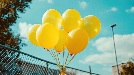 A bunch of yellow balloons tied to a fence, floating in the breeze at an outdoor celebration