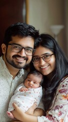 A family portrait of a couple with their newborn baby, the parents' expressions full of love and pride