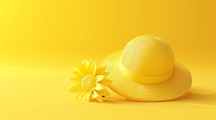 A yellow hat and a yellow sunflower on a yellow background.