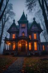 Wall Mural - A spooky Gothic Style mansion in the middle of a dark, foggy forest.