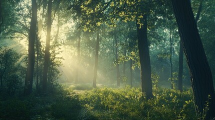 Poster - Sunbeams Illuminating a Misty Forest Path