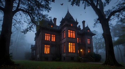 Wall Mural - A spooky Gothic Style mansion in the middle of a dark, foggy forest.