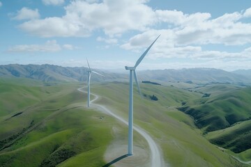 two wind turbines are on a hillside in a green valley