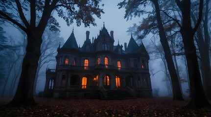 Wall Mural - A spooky Gothic Style mansion in the middle of a dark, foggy forest.