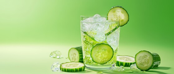 Refreshing cucumber drink with ice on a vibrant green background.