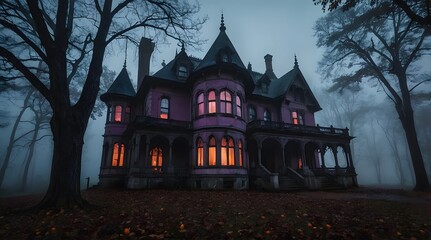 Wall Mural - A spooky Gothic Style mansion in the middle of a dark, foggy forest.