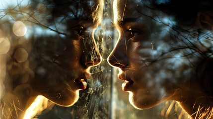 Poster - Two women's faces are shown in a double exposure with a blurry image of trees behind them.