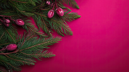 Wall Mural - Top view of tree branches with Christmas ornaments and details on a vivid magenta background