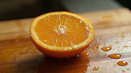 A juicy orange slice resting on a cutting board, with droplets of juice and the inside texture of the fruit clearly visible