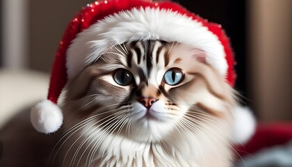 Festive feline dressed in Santas hat celebrating Christmas with a cheerful vibe and ample copy space for creative designs