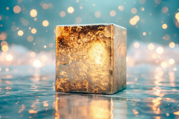 Poster - A golden cube stands prominently in a reflective surface, surrounded by softly glowing lights that create a mesmerizing and serene background, enhancing the tranquil ambiance