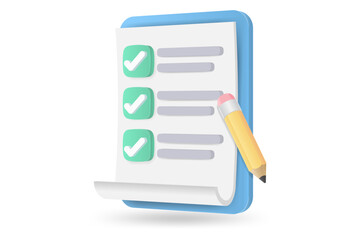 3d white clipboard task management todo check list with pencil, fast work on project plan, efficient work on project plan, fast progress, level up concept, assignment and exam checklist icon.