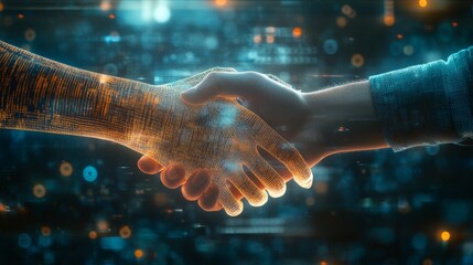 Business, agreement and handshake in closeup with futuristic background, welcome or thank you for meeting. Partnership, deal or contact with b2b opportunity for or teamwork