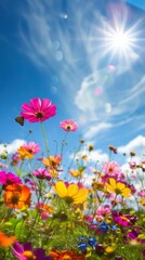 Poster - A field of flowers with a bright blue sky in the background