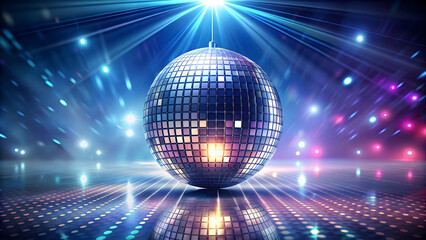 Abstract disco ball with flares and lights above reflective dancefloor, disco ball, abstract, flares, lights