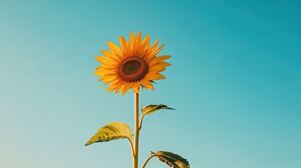 A single yellow sunflower standing tall against a bright blue sky, symbolizing happiness and warmth