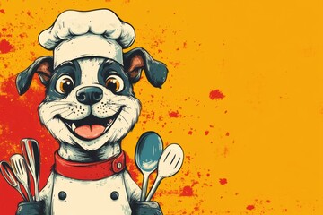 playful cartoon dog chef with kitchen gear, doodle art for a baking class promo banner