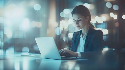 Businesswoman working on laptop at night in a brightly lit office