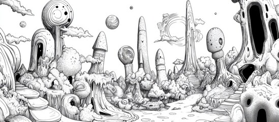 Surreal line art depicting imaginative landscapes and fantastical environments