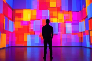 Poster - 3D projection mapping at an art gallery, modern aesthetic, glowing transitions