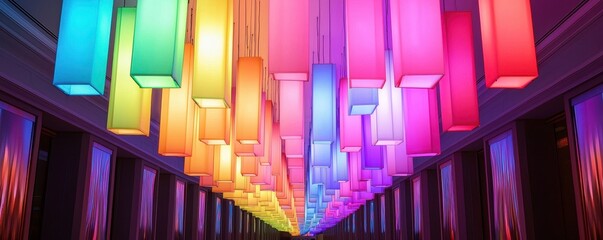 Poster - Artistic lighting installation with suspended prisms, rainbow light effects