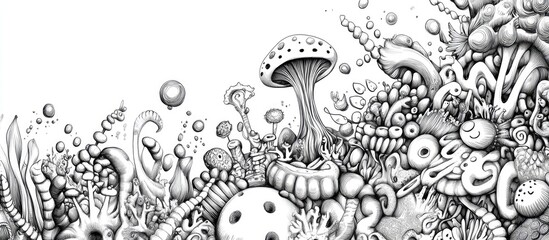 Surreal and whimsical doodle illustration for an adult coloring book featuring imaginative designs on a white background