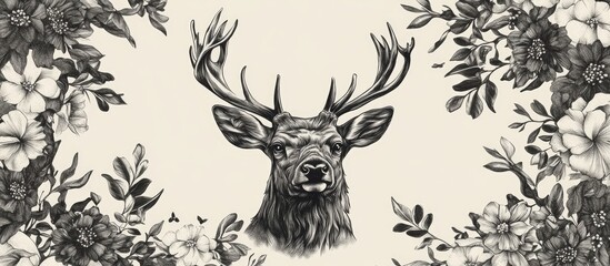 Hand drawn 2d illustration of a deer surrounded by a floral frame Surreal tattoo design ideal for cards posters banners t shirts pins badges and patches