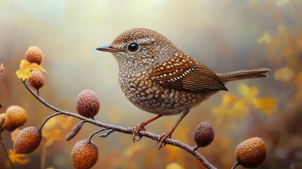 Canvas Print - A Small Brown Bird Perched on a Branch in Autumn