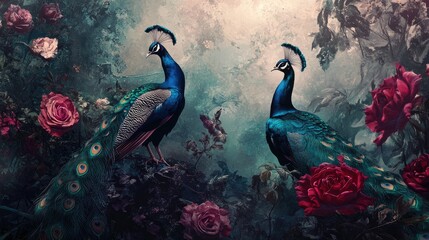 Surreal mural wallpaper featuring a gothic rose design and two peacocks ideal for loft interiors Perfect for photo backgrounds greeting cards and posters