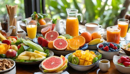 Wall Mural - Colorful and Nutritious Breakfast Spread with Fresh Fruits and Juices