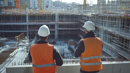 Engineers managing a large-scale construction project, coordinating between teams and tracking progress on site