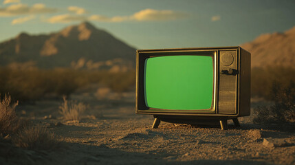 Fototapete - classical old green screen tv monitor on the beach, summer time sea vacation summertime vintage retrospect sunny day artistic television tube composition cinematic graphic design element background