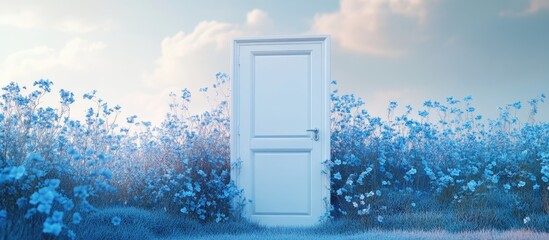 closed white door against a backdrop of overcast skies and blue flowers surreal abstract illustratio