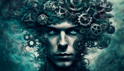 Surreal depiction of a man with gears and cogs emerging from his head, representing intricate thought processes and the mechanics of the mind