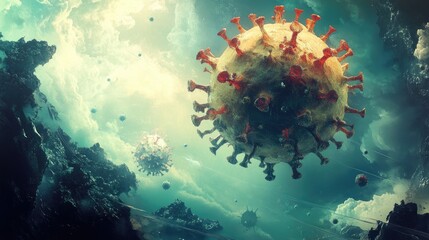 Surreal artwork depicting a futuristic floating virus concept exploring the themes of illness and imagination through creative illustration