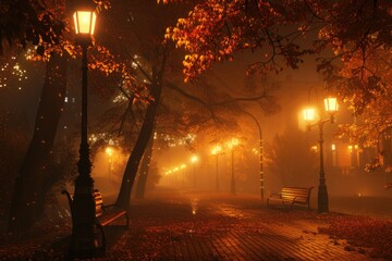 Fog City. Autumn Night in a Park with Lanterns and City Lights