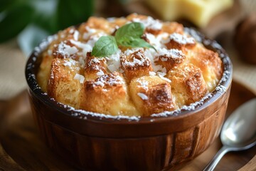 Poster - tropical coconut bread pudding, experience the tropical essence of coconut bread pudding, a unique spin on a traditional treat suitable for any event