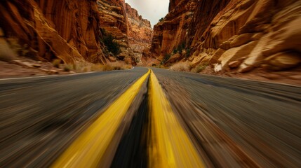 Poster - A yellow line is painted on a road in a desert