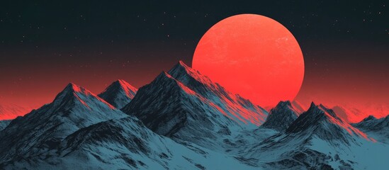 Abstract depiction of a mountain landscape illuminated by a vibrant red sun