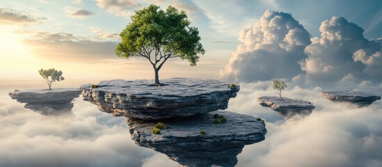 3D illustration depicting a unique landscape featuring rock formations with an isolated tree amidst a dramatic cloudy environment