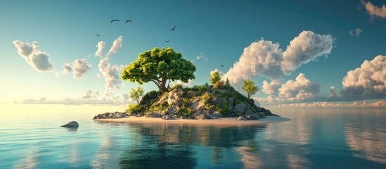 Surreal 3D illustration of an island landscape