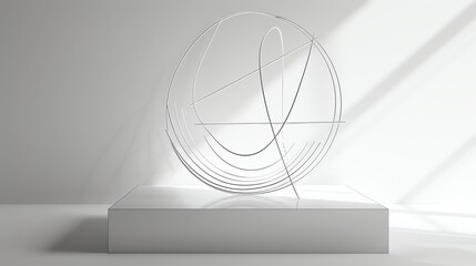 Wall Mural - A simple wire sculpture on a white pedestal with sunlight casting shadows.