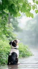 A dog gazing up at green leaves in a serene, foggy park setting, evoking a sense of calmness and wonder.