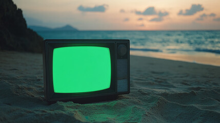Fototapete - 3d panorama classical old green screen tv monitor on the beach, sea vacation summertime vintage retrospect sunny day artistic television tube composition cinematic graphic design element background