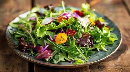 Canvas Print - A plate of salad with mixed greens, red and yellow flowers.